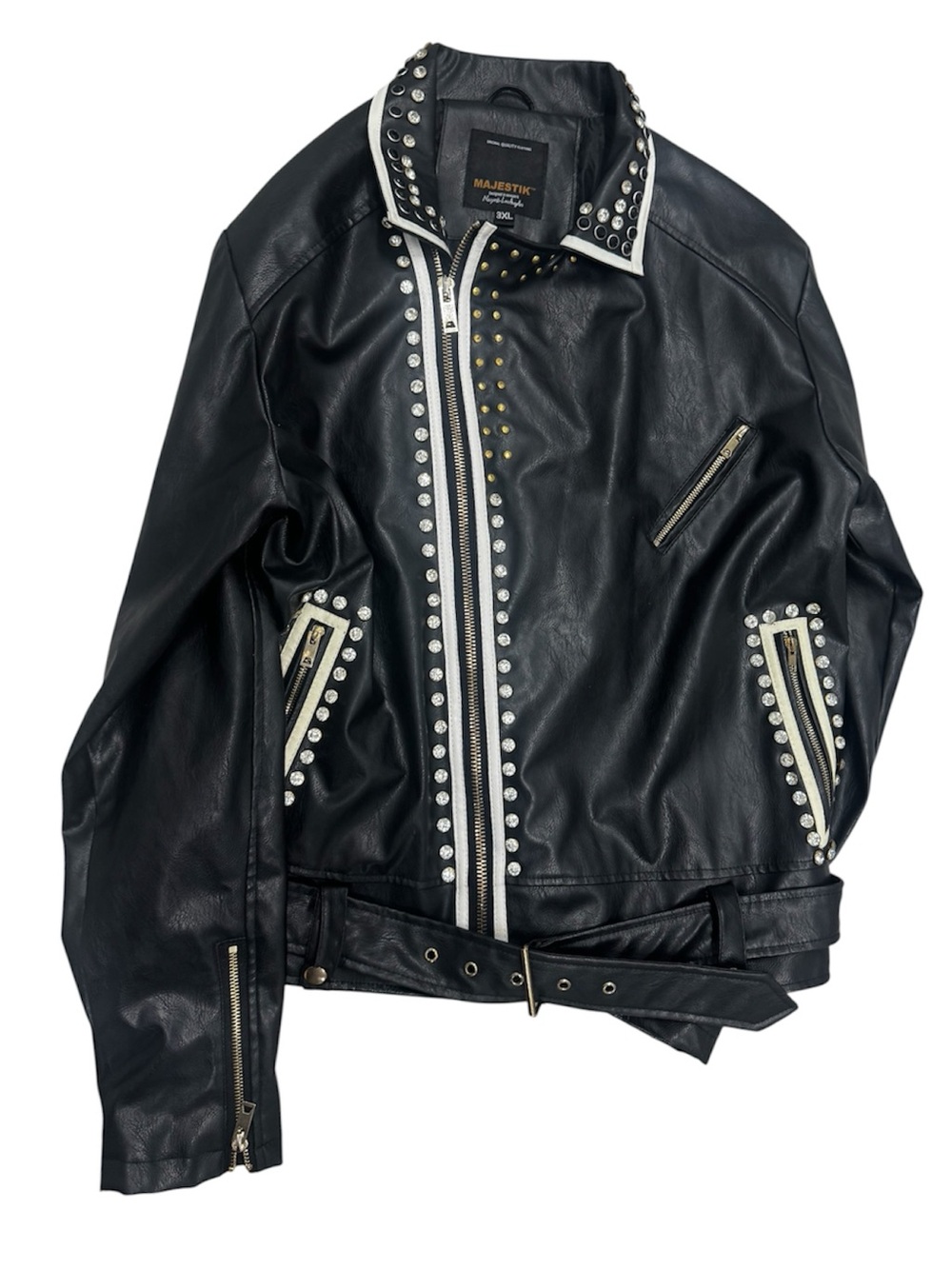Majestic Black and white rhinestone Studded Leather Moto Jacket
